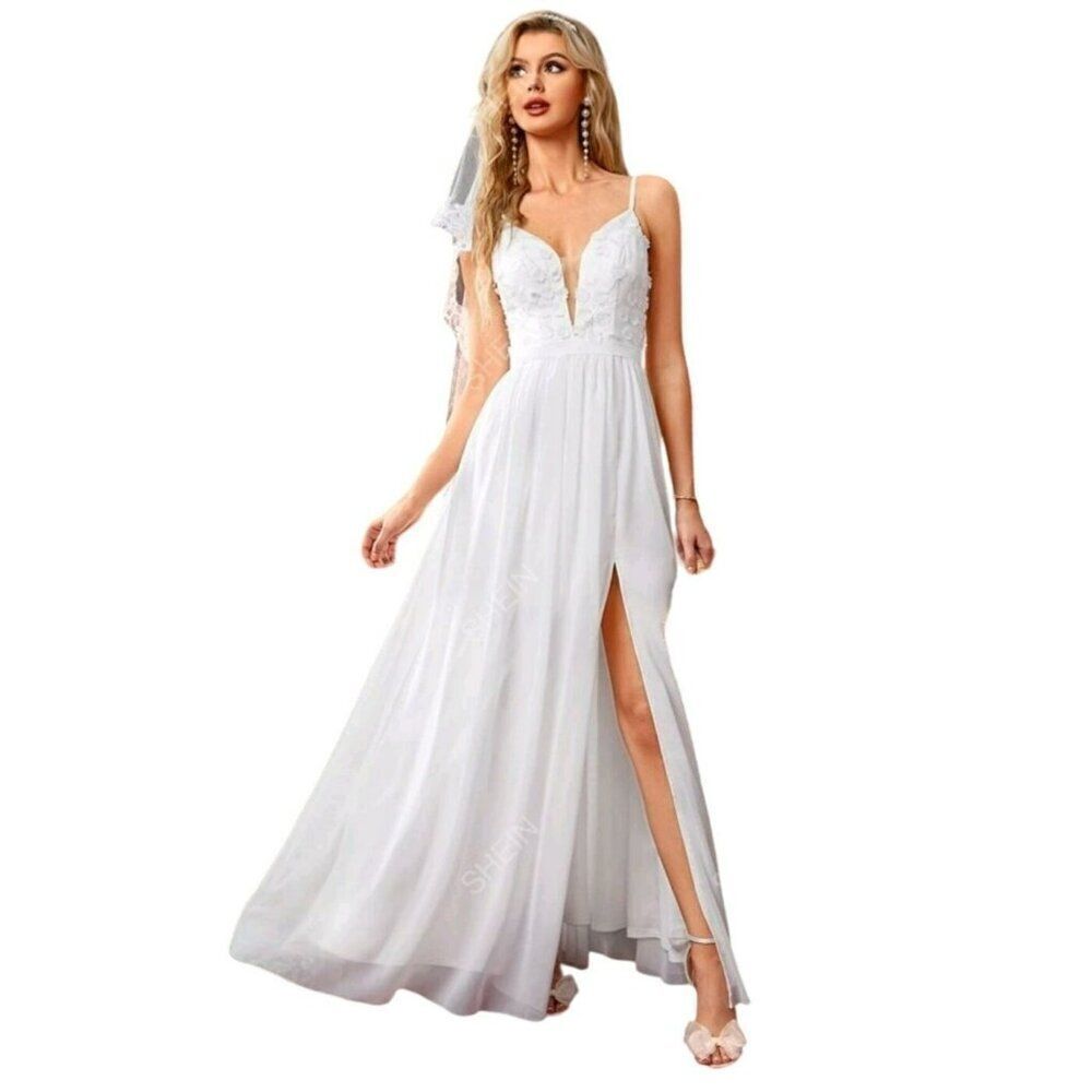 SHEIN Belle Split Thigh Chiffon Wedding Dress White Women's Sz M/6